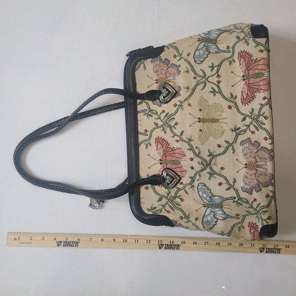 Brighton Butterfly Tapestry Satchel Bag Leather Trim Heart Charms Rare Large - Picture 4 of 13